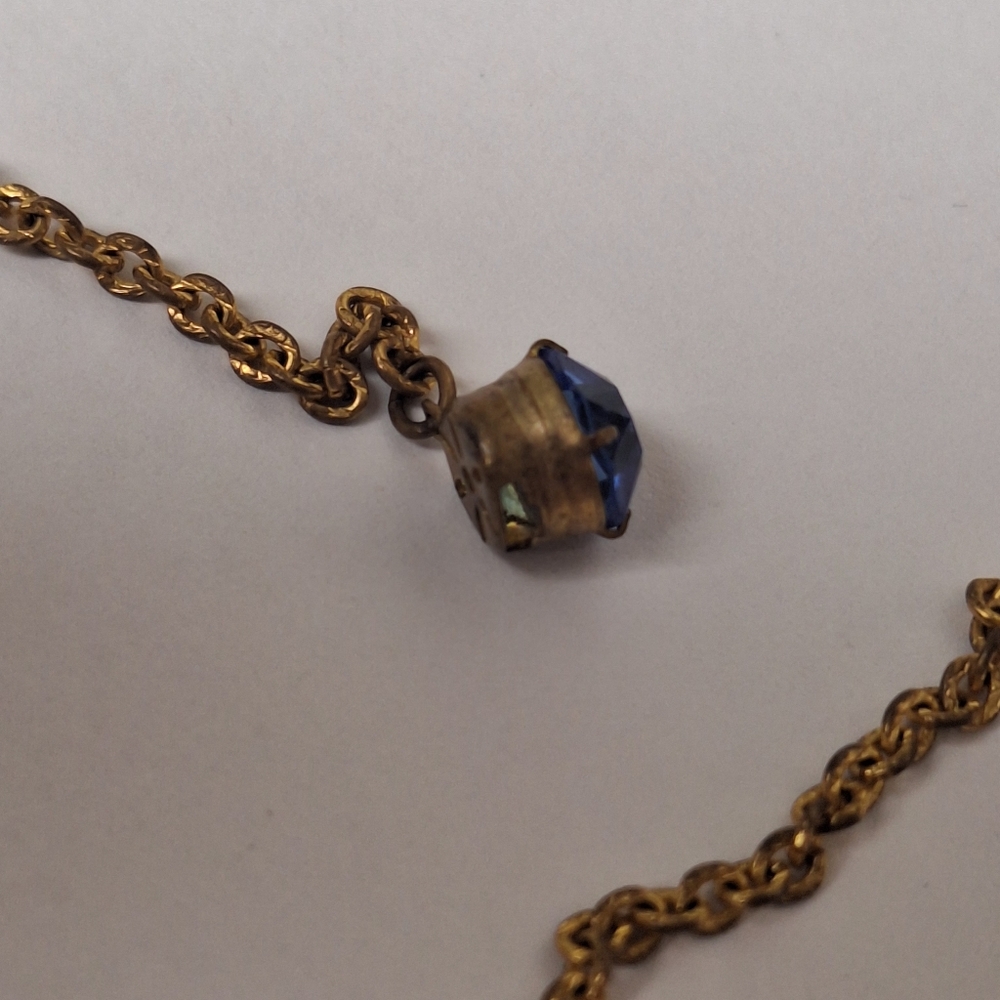 Antique Riviere Art Deco Gold Tone Sapphire Blue Glass Necklace 15" 1920s 1930s - Picture 9 of 16